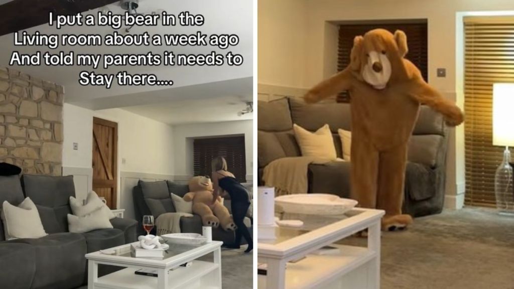 Left image shows daughter placing stuffed bear to setup prank. Right image shows the daughter jumping out at her parents.
