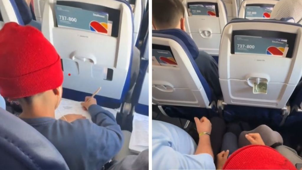 Left image shows a boy traveling alone between two elderly men filling out his final four NCAA Brackets. Image shows a young man playing Roc-Paper-Scissors with his seatmate on his favorite flight.