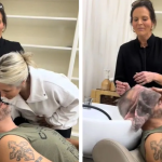 During a prank at the hairdresser, a wife leans in to kiss her blindfolded hubby. The right image shows his reaction, thinking the hairdresser kissed him.