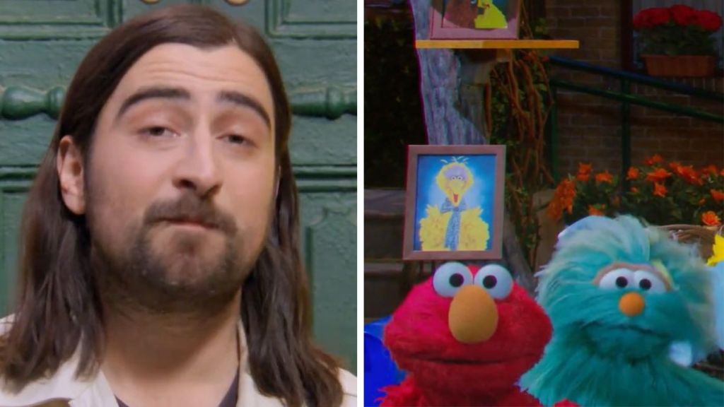 Left image shows singer Noah Kahan. Right image shows Sesame Street's Elmo and Rosita.