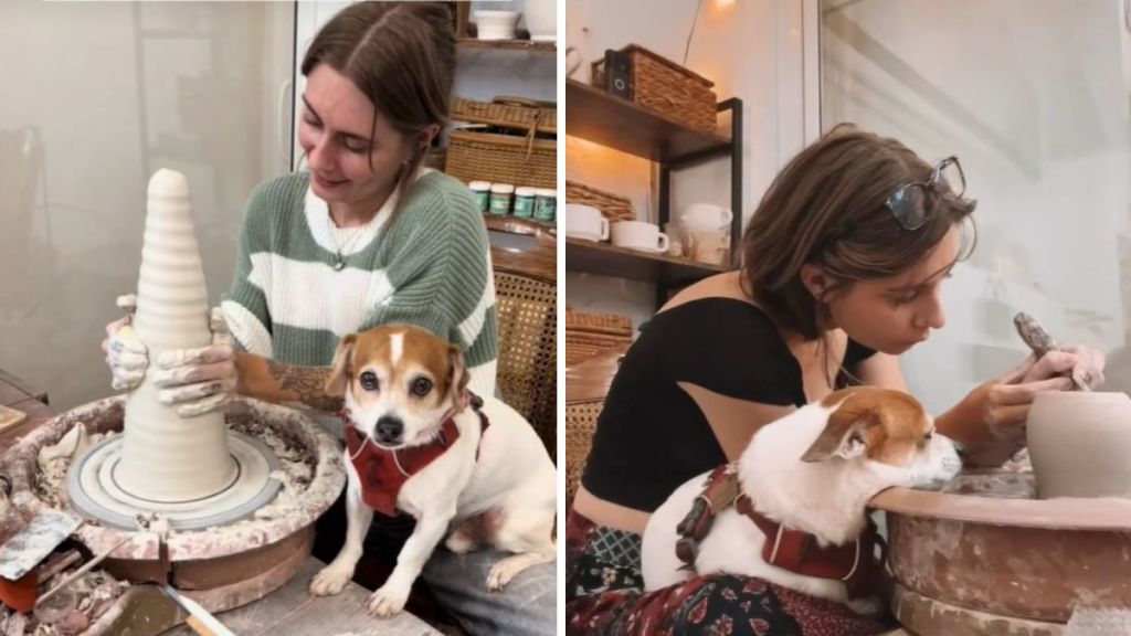 Left image shows a dog keeping a potter company as she spins a clay pot. Right image shows the same dog, bored, resting its head on the water well of the spinning wheel.