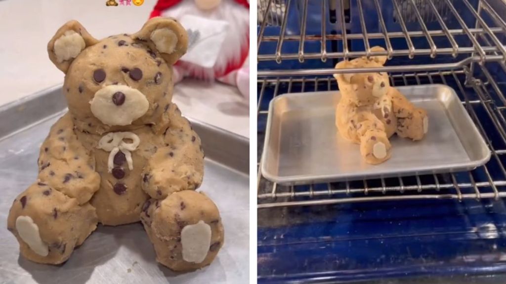 Images show a molded teddy bear cookie before baking (left) and in the oven (right).