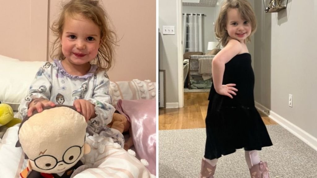 Left image shows a 3-year-old with Harry Potter toys. Right image shows her doing a fashion show.