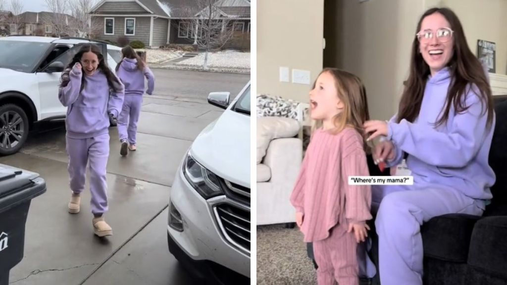 Left image shows twins switching places to prank their children. Right image shows the daughter not falling for the switch.