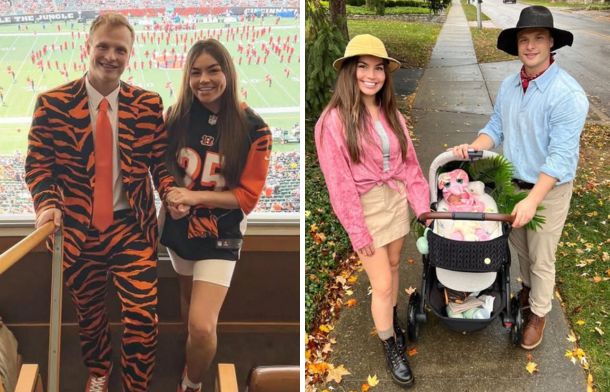 Left image shows Bengals fans ready for opening day. Right image shows a family dressed for Halloween in Jurassic Park-themed costumes.