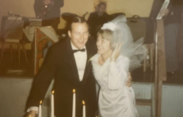 Image shows Grandpa Jim and Grandma Kay at their wedding. It is one of the memories noted in his daily journal.
