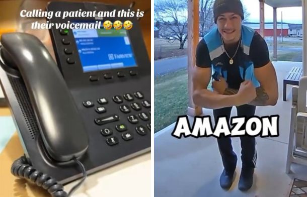 Left image shows a desktop push button phone. Right image shows an Amazon delivery drive exercising patience.