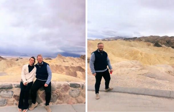 Left image shows Rachel and Josh sitting on a stone wall. Right image shows Josh standing near another Star Wars location in Death Valley.