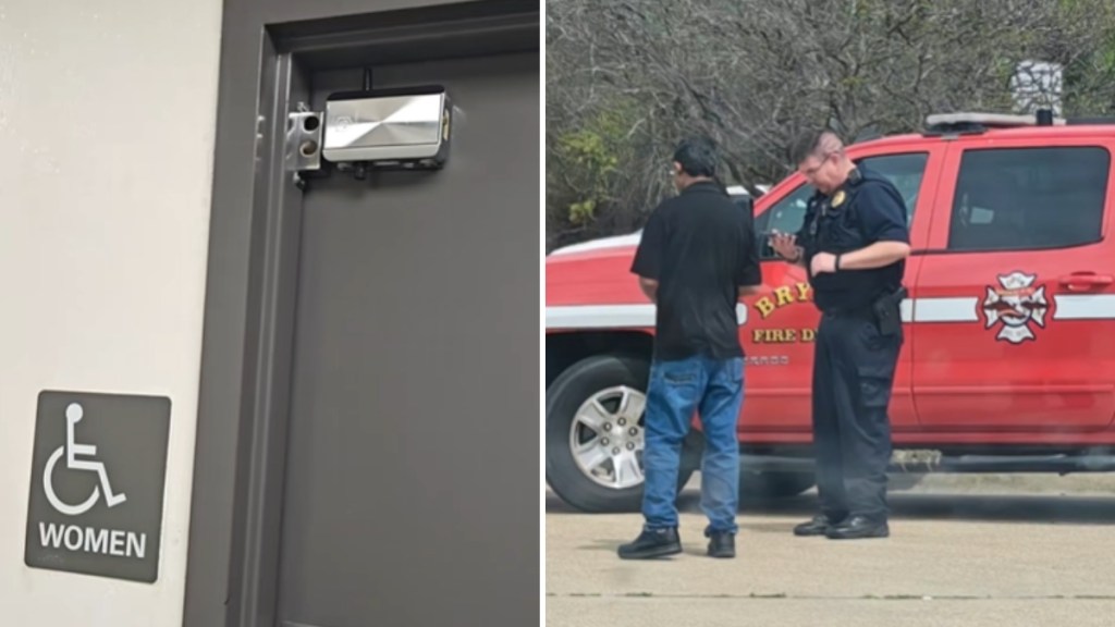 A two-photo collage. The first shows the outside of a women's bathroom in an Exxon gas station. There's a strange device at the top of the door. The second image shows a fire marshal's truck at a distance. Two men stand outside the truck, one is a fire marshal.