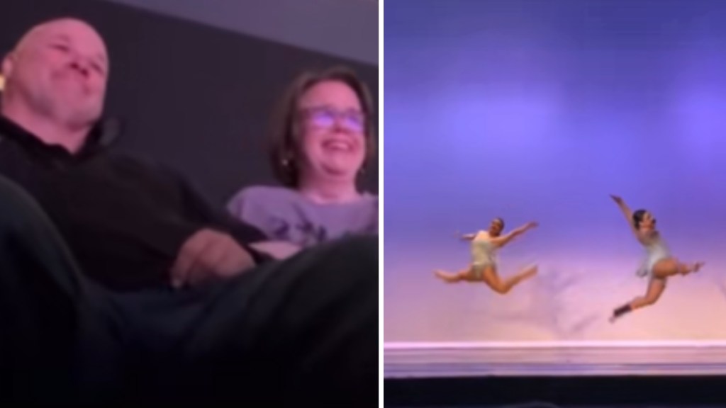 A two-photo collage. The first shows a man and woman looking emotional and happy as they sit in chairs for a performance. The second image shows two women mid-air as they dance on stage