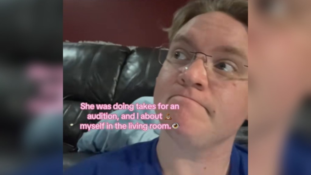 Close up of a man looking deep in thought as he stares into the distance. Text on the image reads: She was doing takes for an audition and I about [poop emoji] myself in the living room