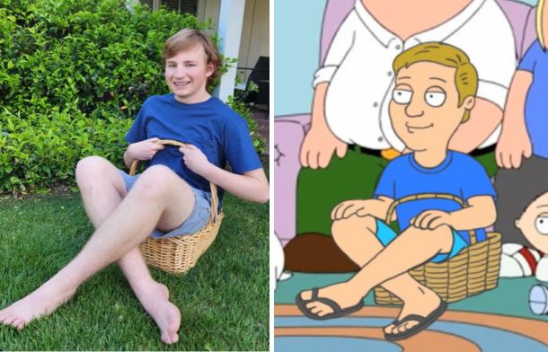 Left image shows the Easter basket photo of Josh at 16. Right image is the boy in the basket shown on Family Guy.