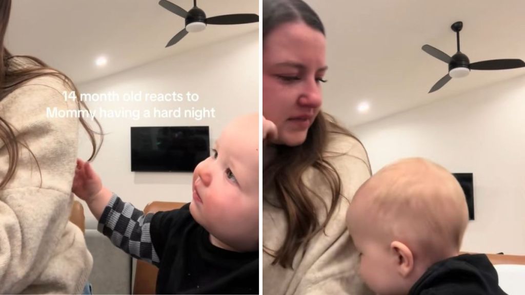 Left image shows how a baby reacts to his mom having a rough morning. Right image shows the baby offering a hug.