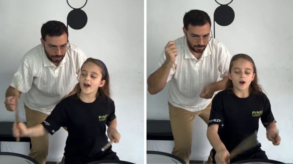 Images show a young drummer singing along in perfect pitch to the song she is playing and totally lost in the music.