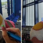 Images show a face painter adding a unique face painting to an adult on a shaved head.