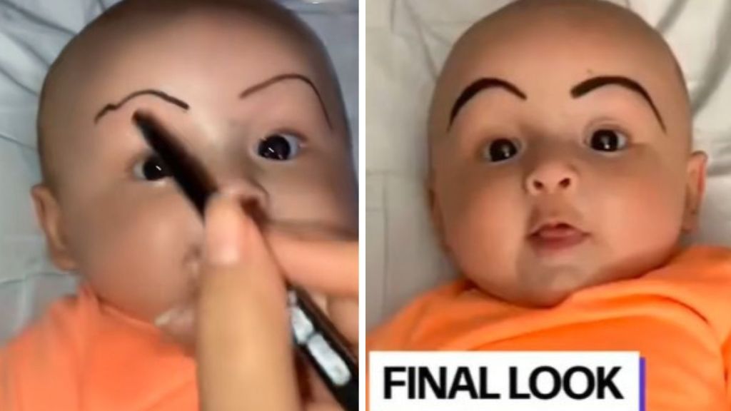 Images show a Mom putting fake eyebrows on her baby to see her husbands reaction.