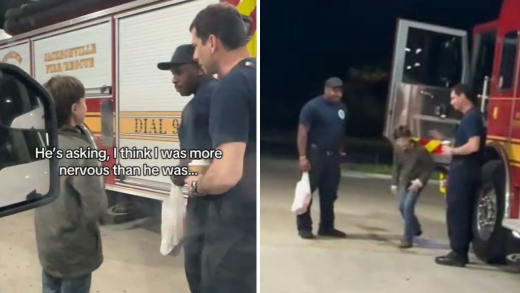 Left image shows a young man asking firemen if he can honk the fire truck horn. Right image shows the boy jumping out of the truck after honking the horn.