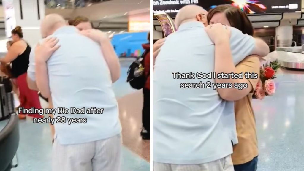 Images show a woman hugging the biological dad she just found.