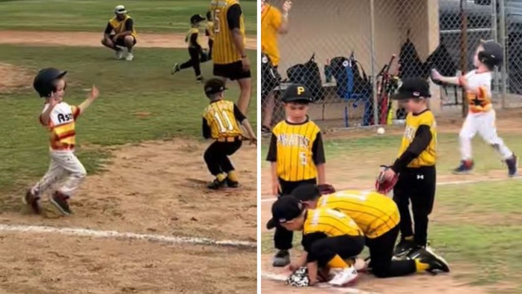 Images show a T-Ball player imitating the run of Jack Sparrow around all the bases.