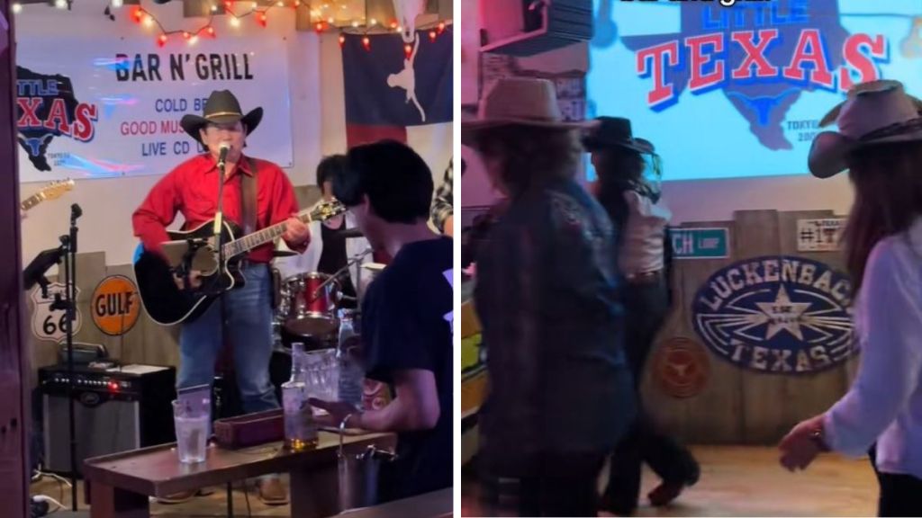 Left image shows a live band in a Texas-style Honky-Tonk in Japan. Right image shows line dancers.