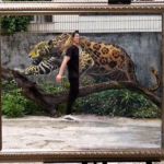 Image shows artist Huang Yao walking into a lifelike painting of a leopard.