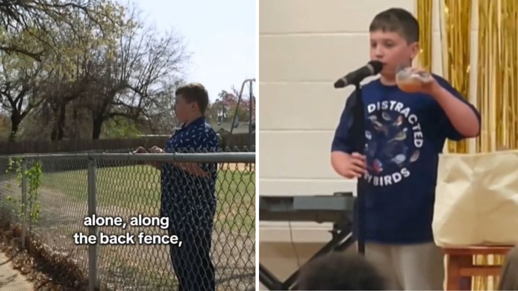 Left image shows a boy Practicing birds sounds alone. Right image shows the boy on stage showing off his talent to mimic birds.