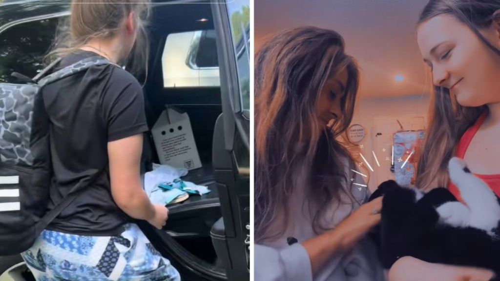 Left image shows a girl getting into a vehicle and seeing a pet carrier on the seat. Right image shows the girl and her mother with the cat who was missing for 6 months they never though would be found.