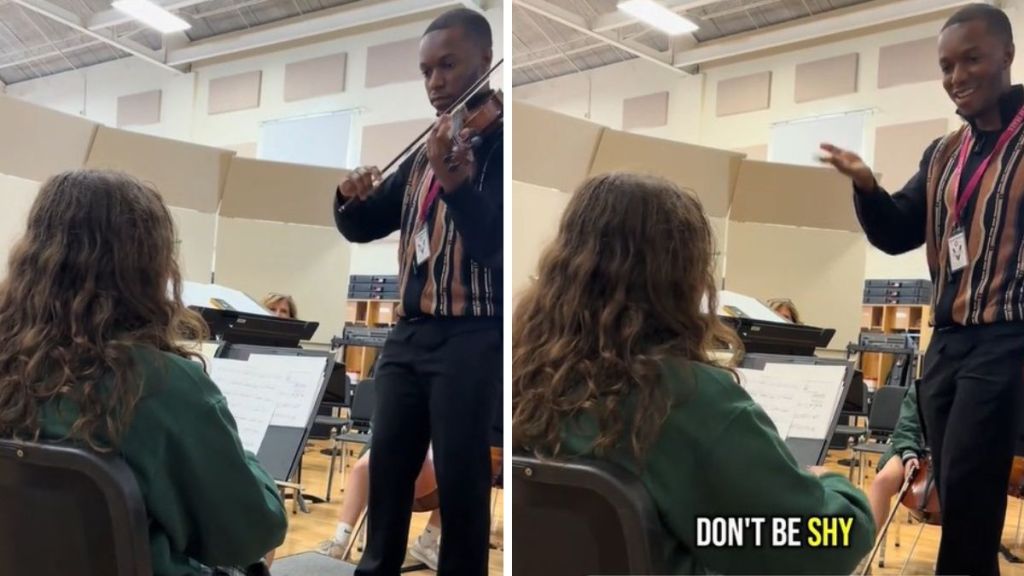 Left image shows Tyrone Marcell demonstrating how to improvise to an orchestra student. Right image shows the student crushing the lesson.