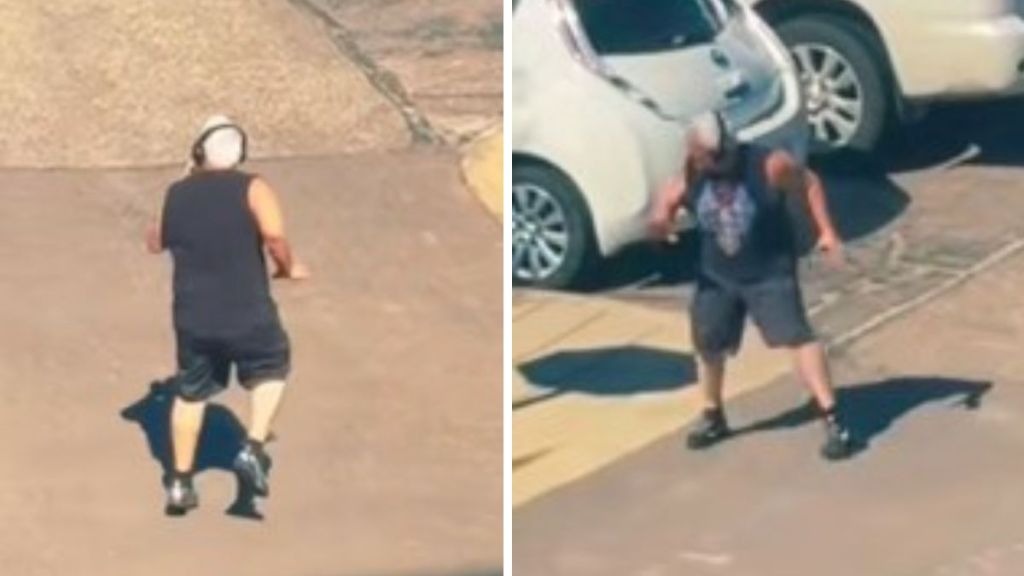 Images show a stranger dancing across a parking lot.