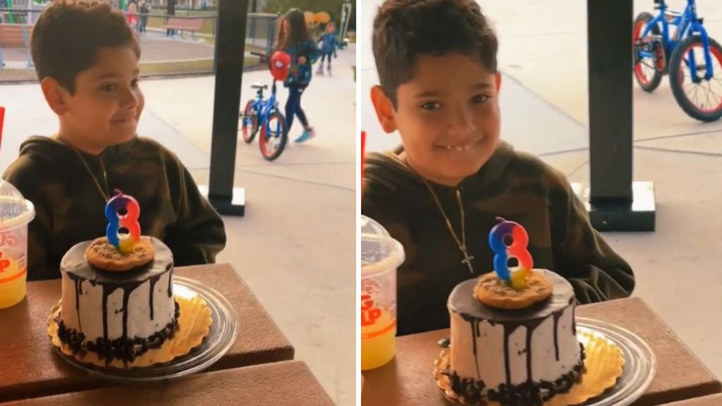 Images show a young boy as strangers surround him and his mom to sing "Happy Birthday" to him.