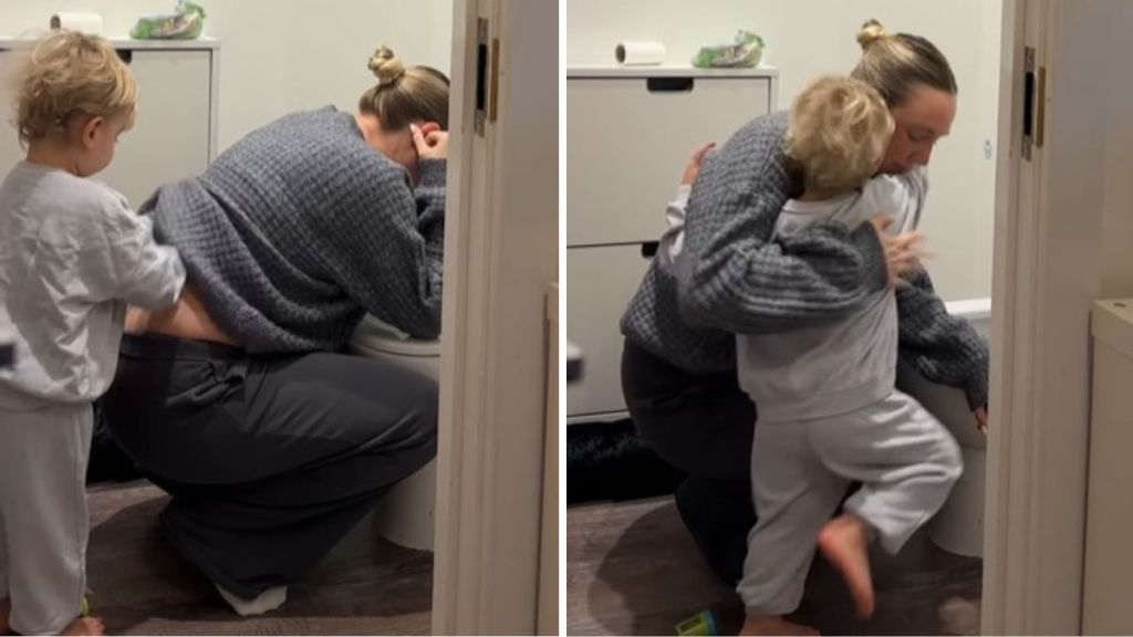 Left image shows a toddler rubbing his mom's back during a bout of morning sickness. Right image shows the two hugging.