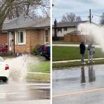 Left image shows a Ford Focus splashing through a rain puddle drenching two kids. Right image shows a Ford Explorer SUV splashing the kids' who had their devices taken away.