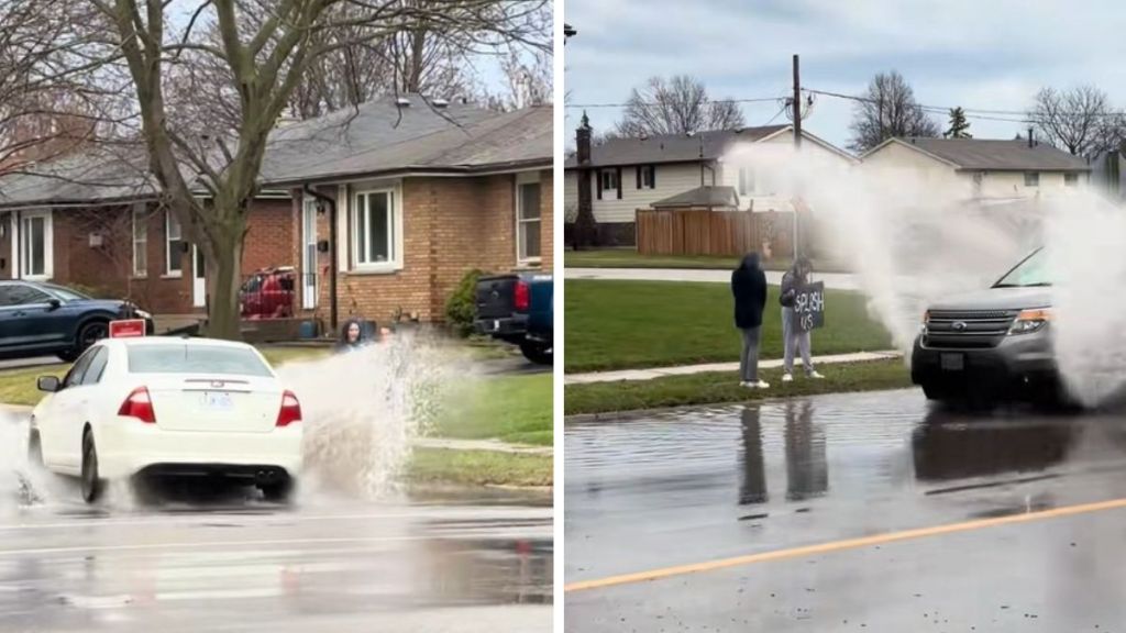 Left image shows a Ford Focus splashing through a rain puddle drenching two kids. Right image shows a Ford Explorer SUV splashing the kids' who had their devices taken away.
