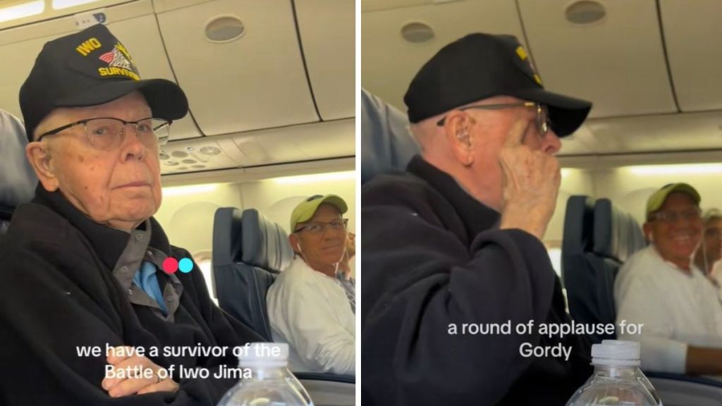 Left Image shows a WWII veteran being honored on a flight. Right image shows a proud Marine gently wiping a tear.
