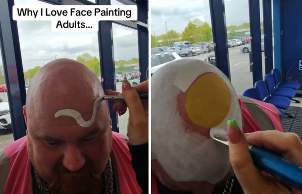 Left image shows a face painter adding a wavy line to a shaved head. Right image shows the artist adding details to her adult face painting.