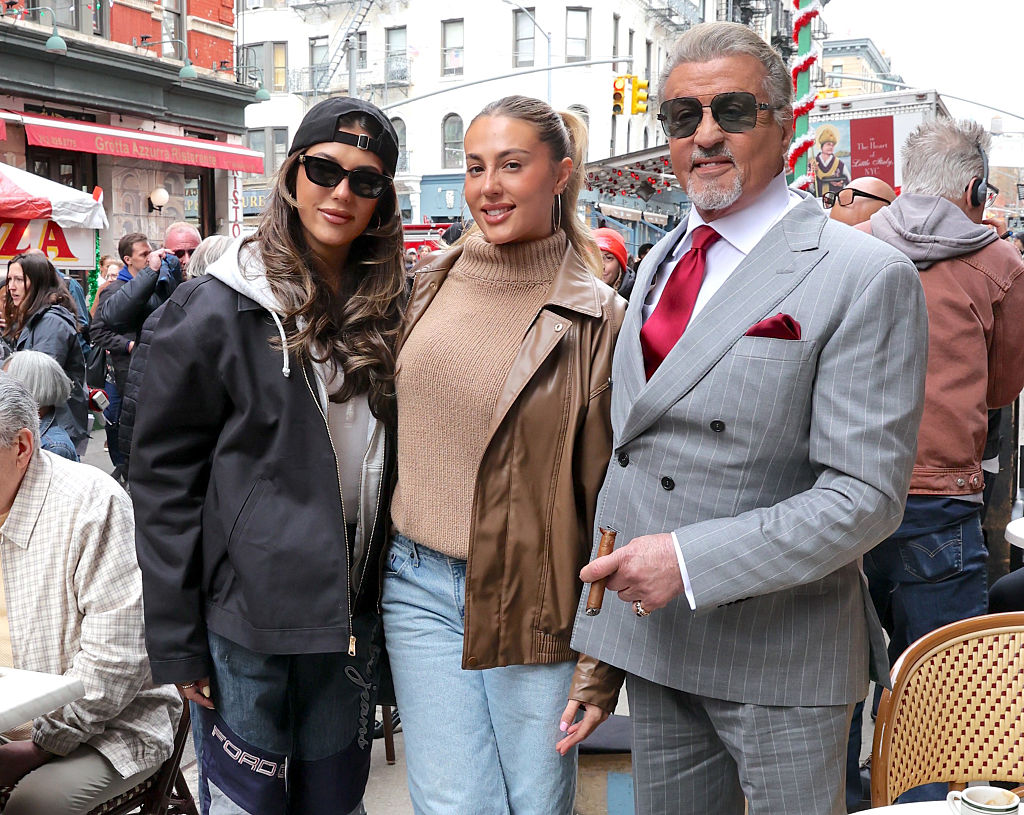 NEW YORK, NY - APRIL 16: Sistine Stallone, Sophia Rose Stallone and Sylvester Stallone are seen on the film set of the "Tulsa King" TV series on April 16, 2025 in New York City.