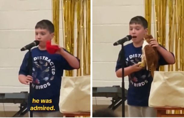 Holding up a cardinal and an owl, a young man perfectly mimics the birds.