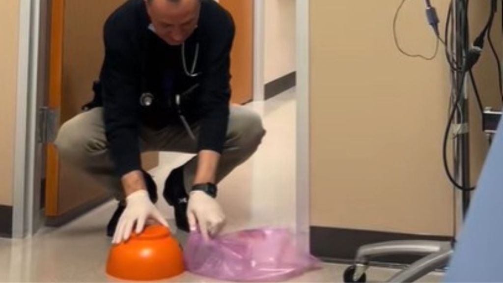 Image shows a doctor squatting in his office to remove a mouse his workers have trapped under a bowl.