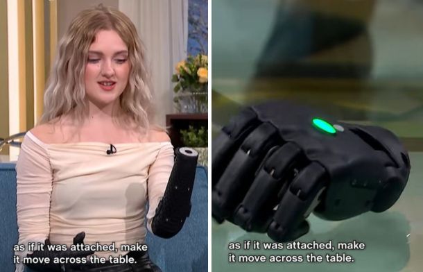 Left image shows the hand disconnected from the arm. Right image shows how the wireless bionic hand works when not attached,