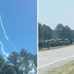 At two-photo collage. The first shows three Blue Angels planes fly straight up while side-by-side, leaving a trail behind them in the bright blue sky. They do so just above a line of trees. The second image shows a number of vehicles parked on the side of a road. People stand outside, looking up. One person stands in the bed of their truck. They use their phone to record up toward the sky