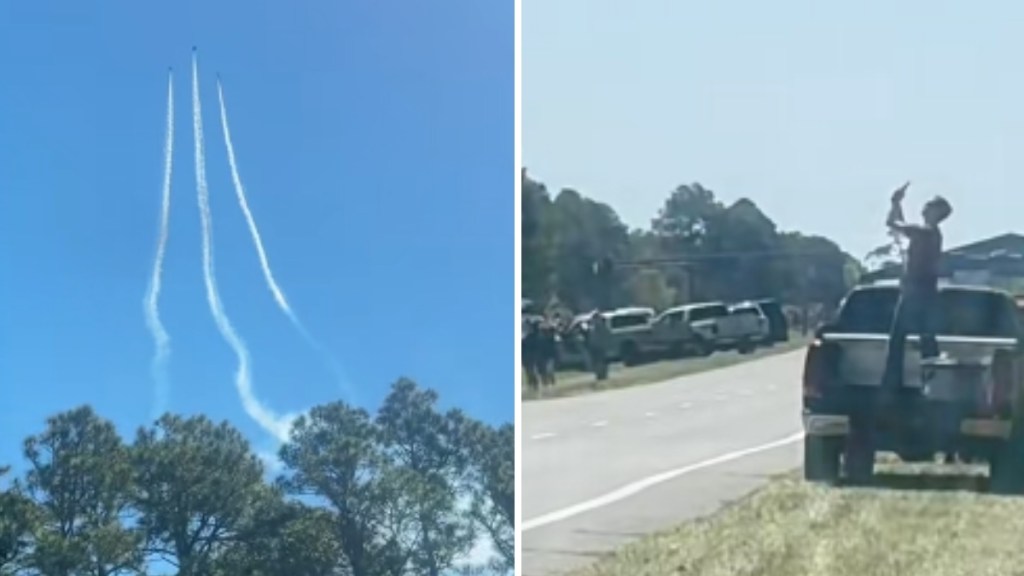 At two-photo collage. The first shows three Blue Angels planes fly straight up while side-by-side, leaving a trail behind them in the bright blue sky. They do so just above a line of trees. The second image shows a number of vehicles parked on the side of a road. People stand outside, looking up. One person stands in the bed of their truck. They use their phone to record up toward the sky