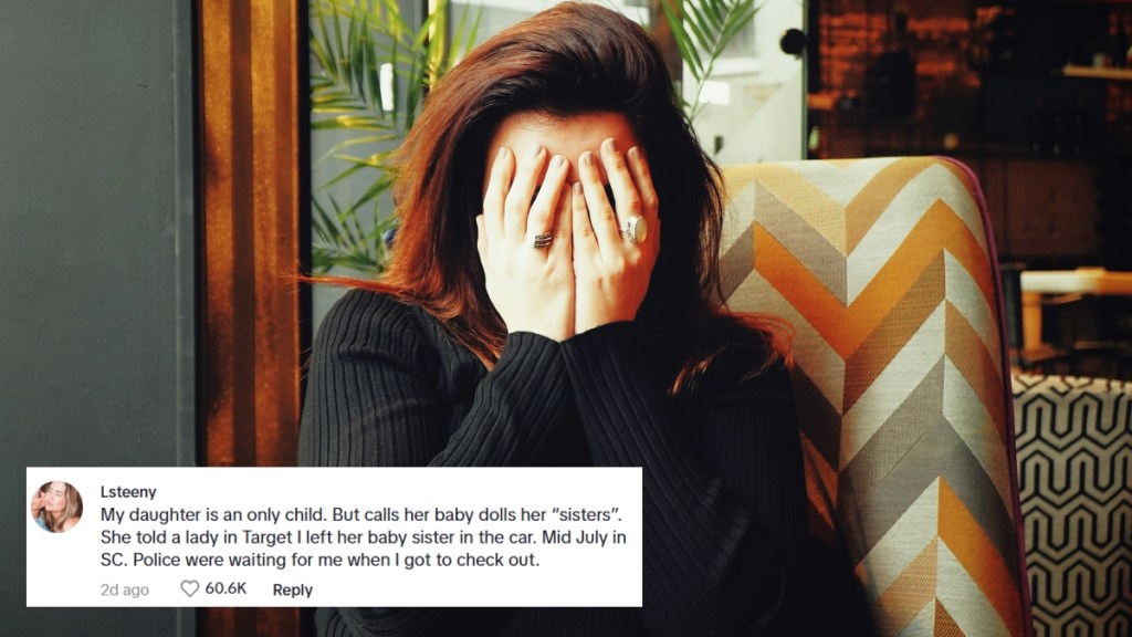 A woman covers her face with her hands, embarrassed. She sits in a colorful, patterned chair. A social media comment is edited onto the photo and reads: My daughter is an only child. But calls her baby dolls her “sisters”. She told a lady in Target I left her baby sister in the car. Mid July in SC. Police were waiting for me when I got to check out.