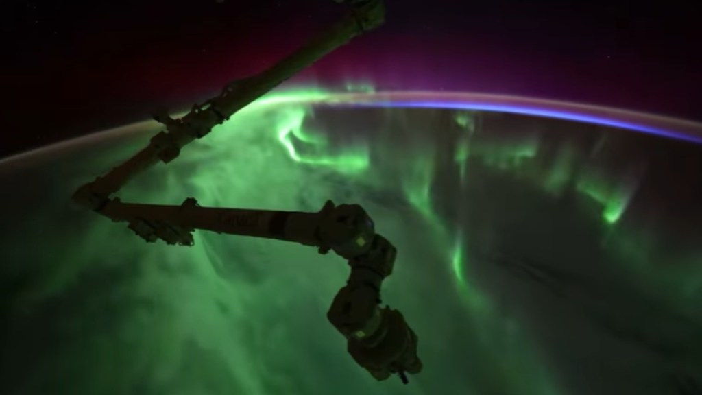 View from the International Space Station of the Northern Lights above Earth.