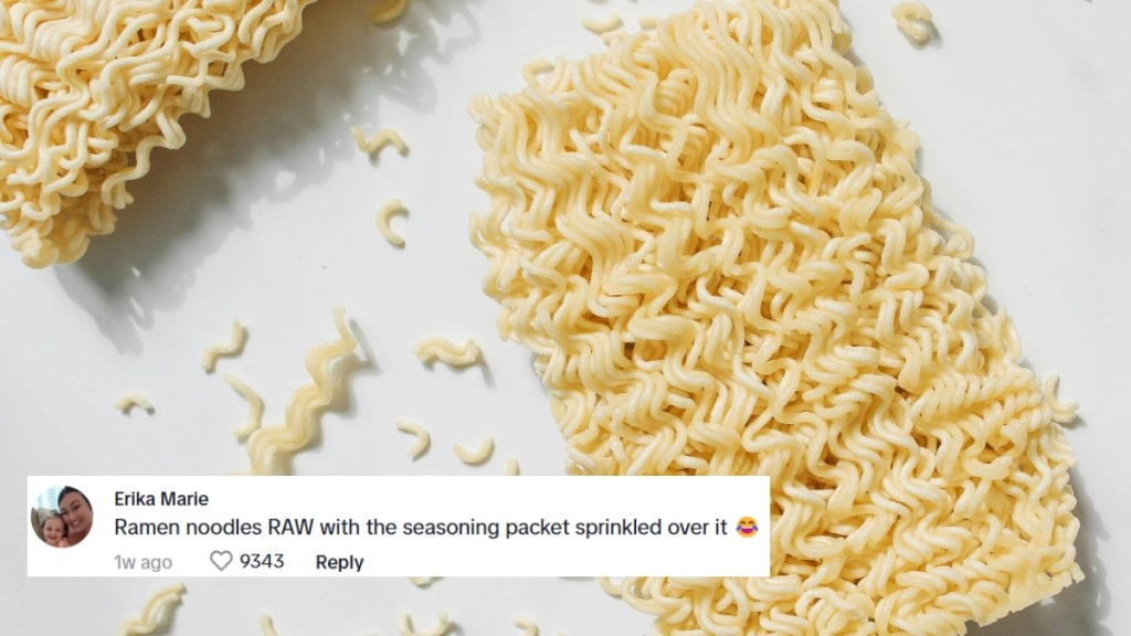 Uncooked ramen noodles are on a white background. A social media comment is edited onto the image that reads: Ramen noodles RAW with the seasoning packet sprinkled over it
