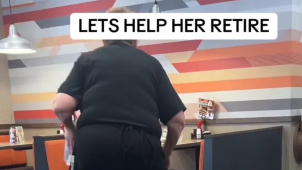 View from behind of an elderly waitress. Text on the image reads: Lets help her retire