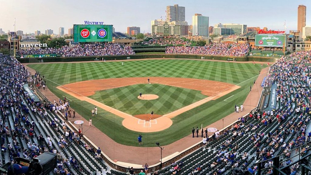 View from high up at Wrigley Field. View showcases two sections of bleachers and the field as a whole