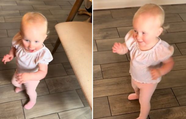 Images show a baby dancing and singing to "Barbara Ann" by the Beach Boys.