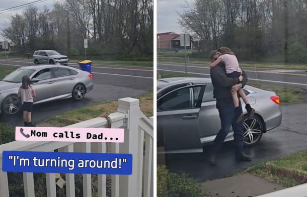 Left image shows a girl in a driveway with a car pulling in. Right image shows the girl getting a huge dad hug.