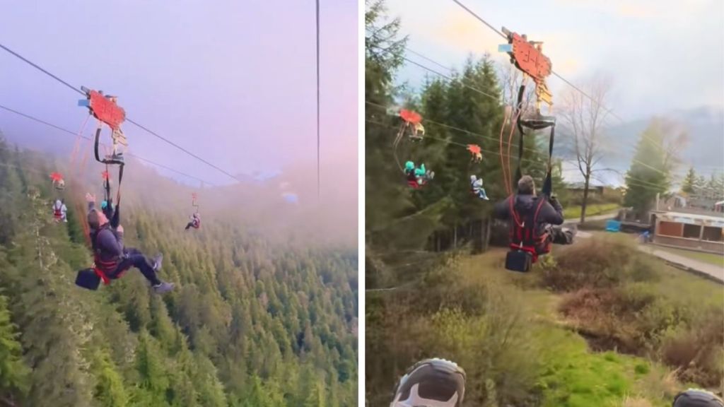 Left image shows an Alaska zipline ride. Right image show zipride patrons nearing the bottom of the mountain.