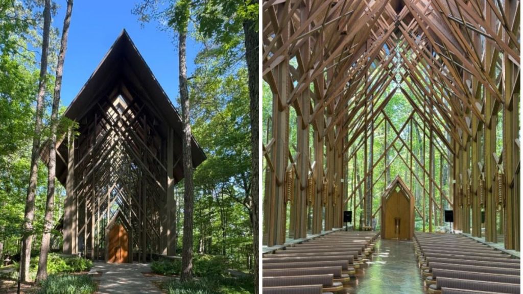 Left image shows Anthony Chapel from the outside. Right image shows the building's interior.